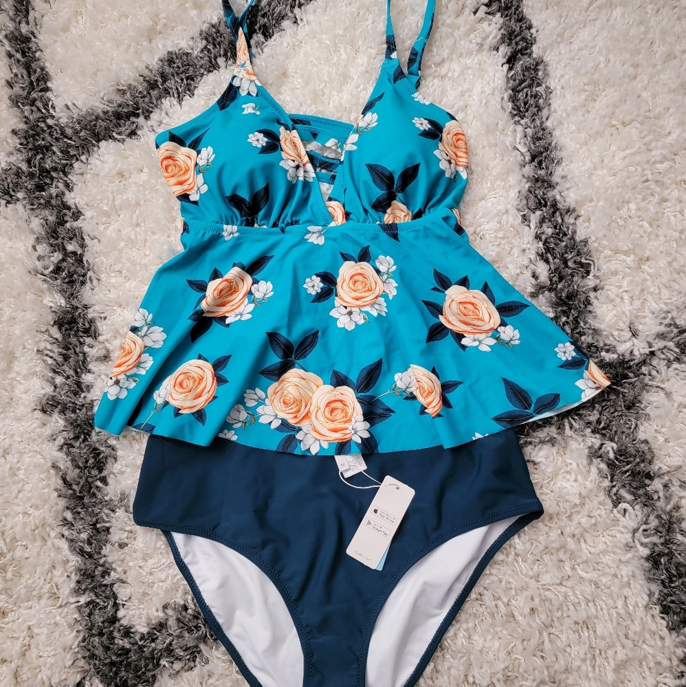 CUPSHE Floral Plus Size Tankini Swimsuit 0X 16/18
